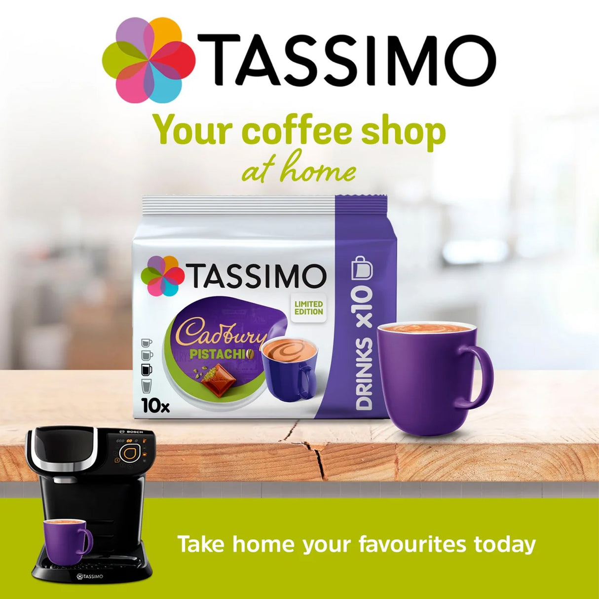Tassimo coffee pod packaging with a cup and coffee machine on a wooden surface.