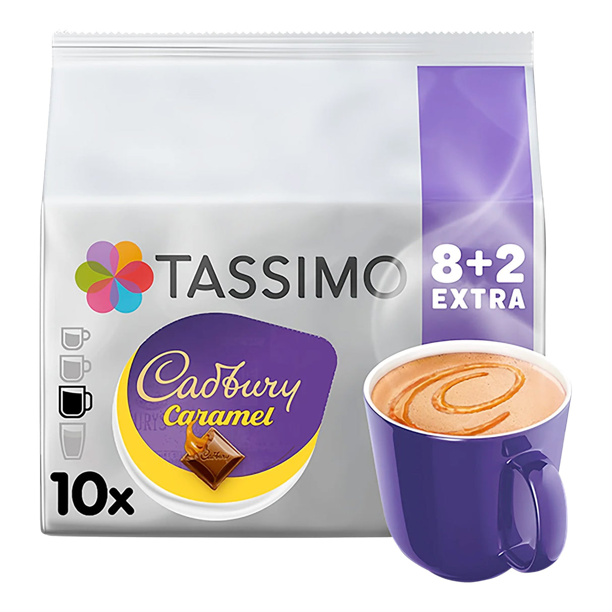Tassimo Cadbury Caramel coffee pack with a purple mug on a white background