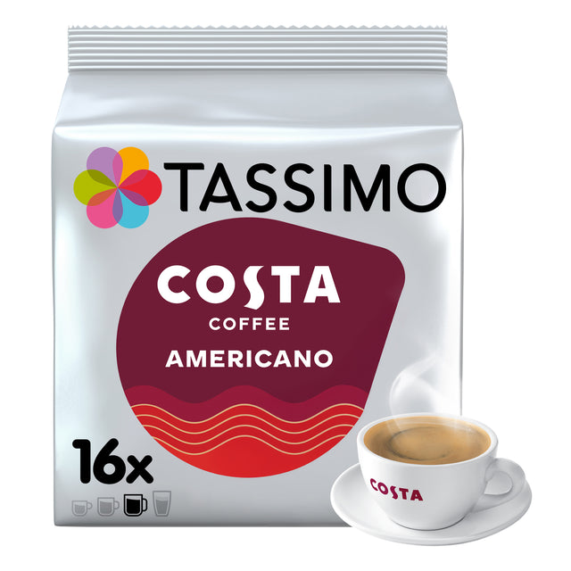Tassimo Costa Coffee Americano packaging with a cup of coffee on a white background