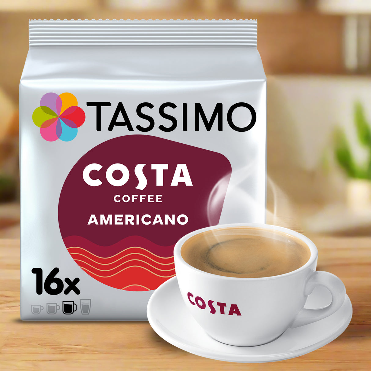 Tassimo Costa Coffee Americano package with a cup of coffee on a wooden table.