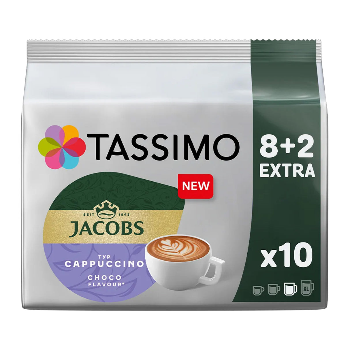 Tassimo Jacobs Cappuccino Choco Flavor coffee pod package on a white background
