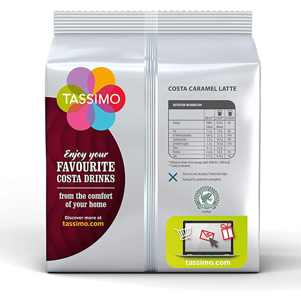 Tassimo Costa Latte Caramel Coffee Pods back of Packet