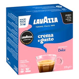 Lavazza Crema e Gusto coffee capsule box with a cup of coffee on a white background