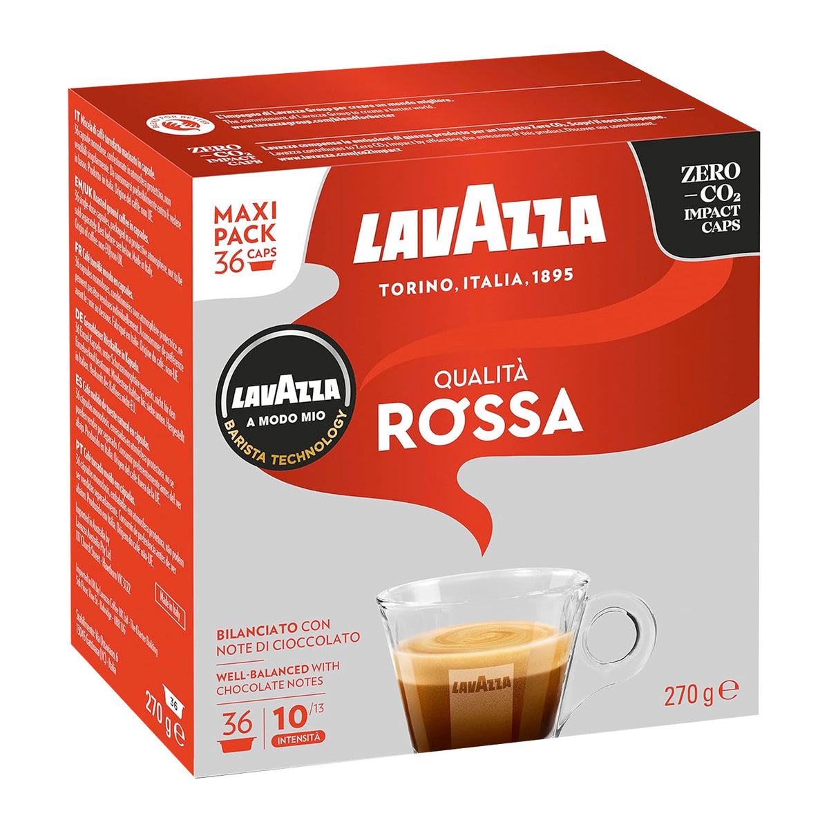 A box of Lavazza Qualità Rossa coffee capsules, featuring a red and white packaging design with a graphic of a cup of espresso on a light gray background.