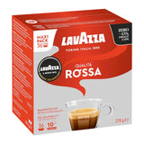 A box of Lavazza Qualità Rossa coffee capsules, featuring a red and white packaging design with a graphic of a cup of espresso on a light gray background.