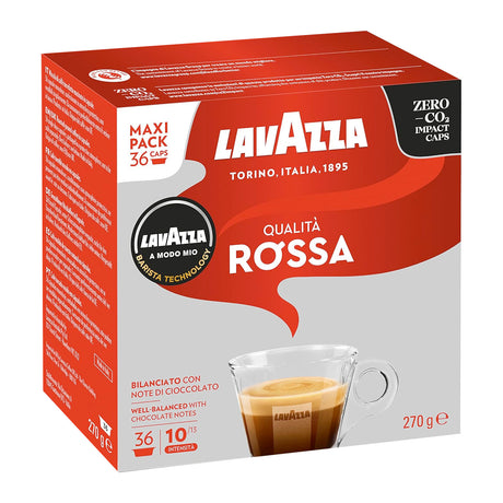 A box of Lavazza Qualità Rossa coffee capsules, featuring a red and white packaging design with a graphic of a cup of espresso on a light gray background.
