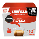Lavazza Qualità Rossa Zero CO2 Impact Caps maxi pack containing 36 coffee capsules, featuring a red and white box with a graphic of a cappuccino cup.