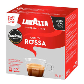 A 36-pack box of Lavazza Qualità Rossa coffee capsules, featuring a red and gray packaging design with a cup of espresso illustration.