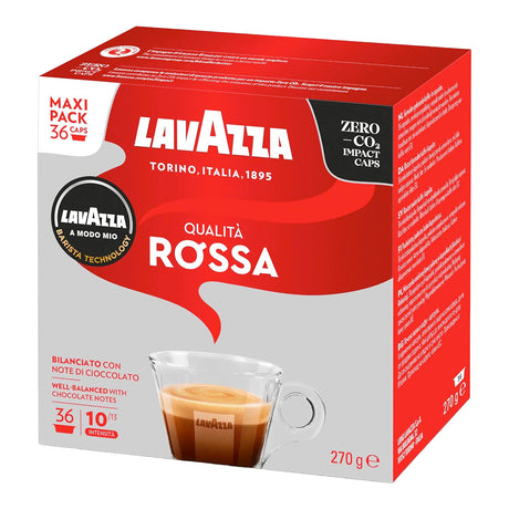A 36-pack box of Lavazza Qualità Rossa coffee capsules, featuring a red and gray packaging design with a cup of espresso illustration.