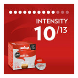 Lavazza Intensity 10/13 coffee capsule box and single pod on a red background with white text.