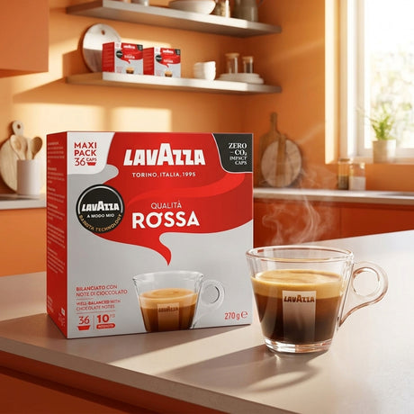 A box of Lavazza Qualità Rossa coffee capsules sits on a kitchen counter next to two cups of freshly brewed espresso, with a warm kitchen interior in the background.
