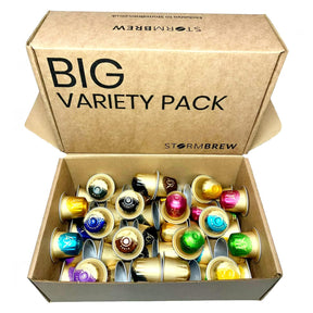 A variety pack of L'OR Nespresso coffee pods, featuring multiple pods in different colors displayed in an open StormBrew gift box.