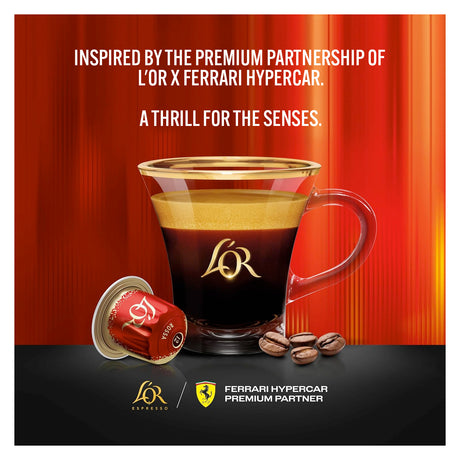 Glass coffee cup with L'OR logo and coffee beans on a red background with text about L'OR x Ferrari hypercar partnership.