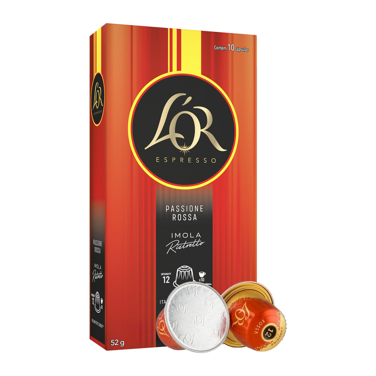 L'Or Espresso Passione Rossa packaging with two capsules on a white background