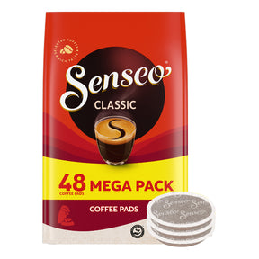Senseo Classic coffee pads packaging with a stack of pads on a white background