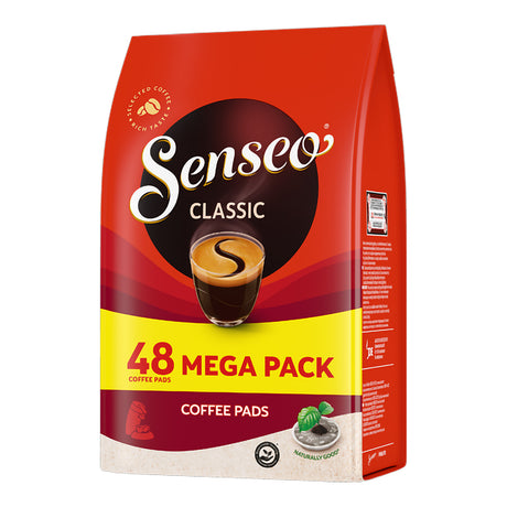 Senseo Classic coffee pads packaging with coffee pads on a white background