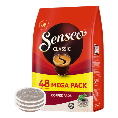 Senseo Classic coffee pads packaging with coffee pads on a white background