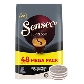 Senseo Espresso coffee pads packaging with a stack of pads on a white background