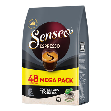 Senseo Espresso coffee pads packaging with a dark background and yellow label.