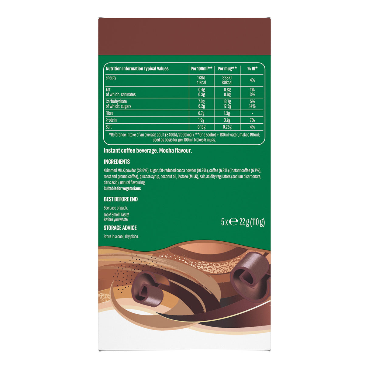 Instant coffee beverage package with green label and brown and white design elements.