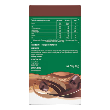 Instant coffee beverage package with green label and brown and white design elements.