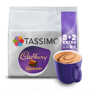Tassimo Cadbury coffee package with a cup of coffee on a white background