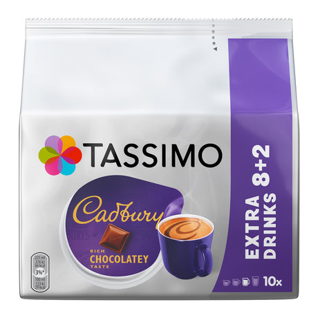 Tassimo Cadbury coffee pod packaging with a purple cup and chocolate bar on a white background