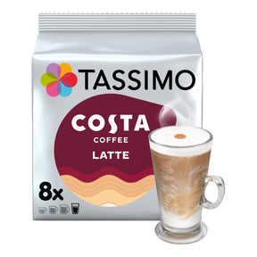 A package of Tassimo Costa Coffee Latte capsules shown on a white background, alongside a glass of layered coffee latte.