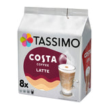 A package of Tassimo Costa Coffee Latte, 8x count, in a silver stand-up pouch with a colourful logo and an illustration of a coffee latte on a white background.