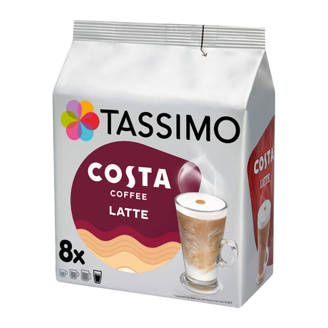 A package of Tassimo Costa Coffee Latte, 8x count, in a silver stand-up pouch with a colourful logo and an illustration of a coffee latte on a white background.