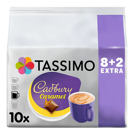 Tassimo Cadbury Caramel coffee pod package with purple and white design