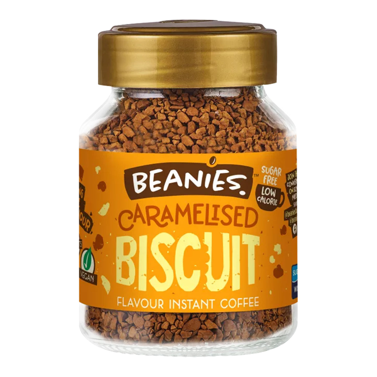 Jar of Beanies Caramelised Biscuit instant coffee with gold lid on a white background