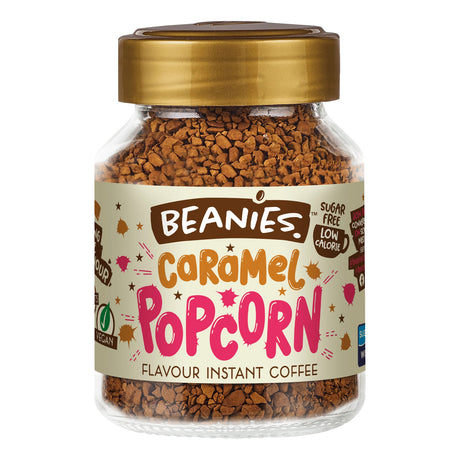 Jar of Beanies Caramel Popcorn instant coffee on a white background