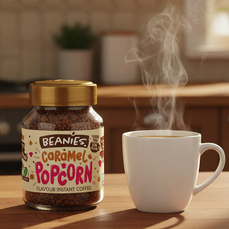 Jar of Beanies Caramel Popcorn instant coffee with a steaming white mug on a wooden table.