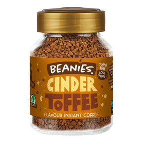 Jar of Beanies Cinder Toffee instant coffee on a white background