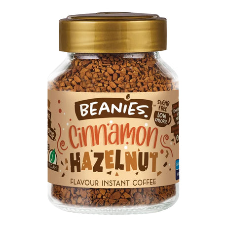 Jar of Beanies Cinnamon Hazelnut instant coffee on a white background