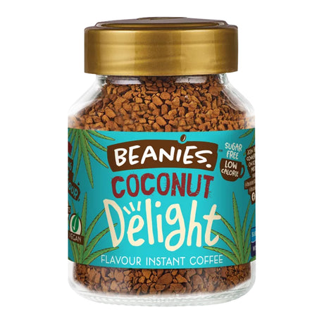 Jar of Beanies Coconut Delight instant coffee with a gold lid on a white background