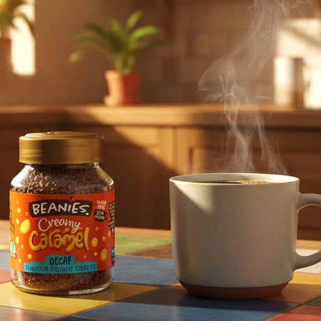 Beanies creamy caramel decaf 50g jar in a clasic kitchen 