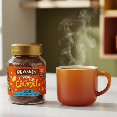 Beanies creamy caramel decaf 50g jar in a modern kitchen