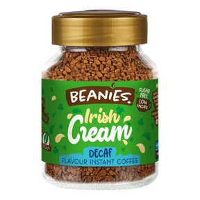 Jar of Beanies Irish Cream Decaf instant coffee on a white background