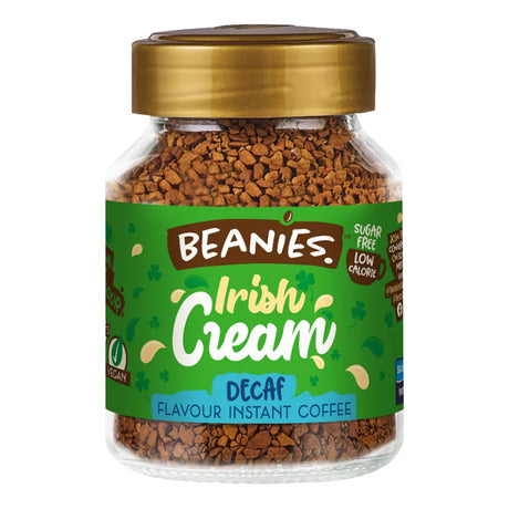 Jar of Beanies Irish Cream Decaf instant coffee on a white background