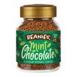 Jar of Beanies Mint Chocolate instant coffee with a gold lid on a white background