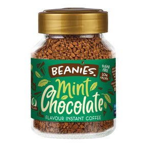 Jar of Beanies Mint Chocolate instant coffee with a gold lid on a white background