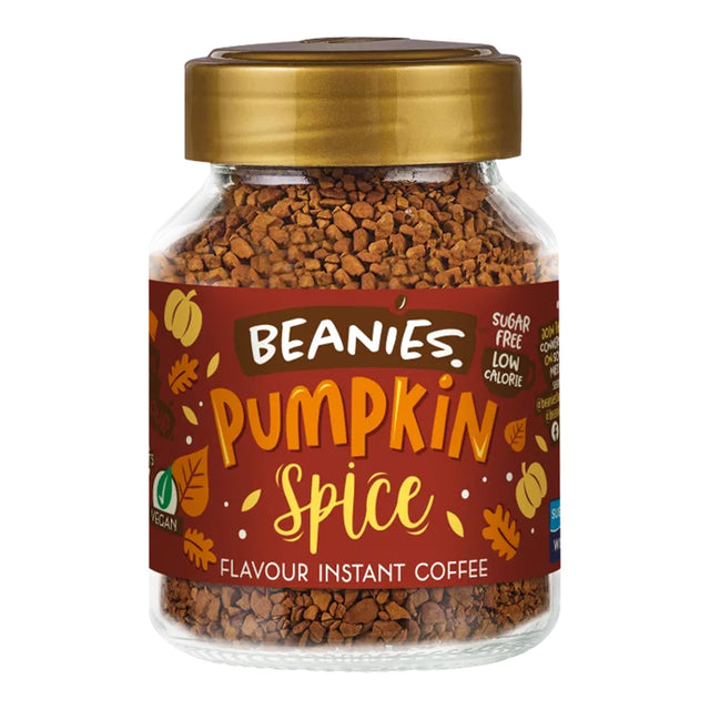 Jar of Beanies Pumpkin Spice instant coffee on a white background