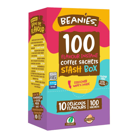 Beanies 100 Flavour Instant Coffee Sachets Stash Box packaging on a white background