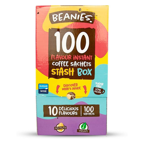 Beanies 100 Flavour Instant Coffee Sachets Stash Box packaging on a white background