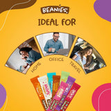 Promotional graphic for Beanies with images of people using the product in various settings and colorful candy bars displayed.