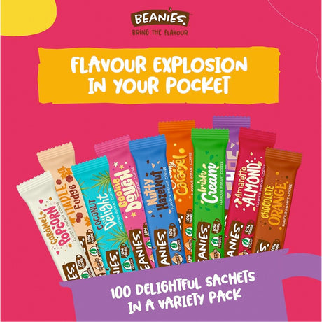 Promotional image of Beanies snack packets with colorful packaging on a pink background