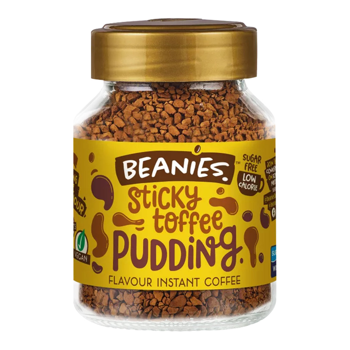 Jar of Beanies Sticky Toffee Pudding instant coffee on a white background