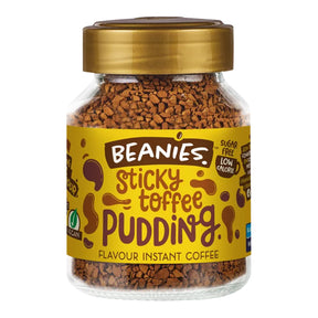 Jar of Beanies Sticky Toffee Pudding instant coffee on a white background